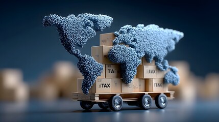 Conceptual representation of international trade and taxation featuring a world map made of textured particles on a cargo cart piled with shipping boxes