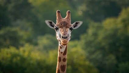 Fototapeta premium Portrait of a giraffe against a blurred green tree backdrop, symbolizing the serenity of wildlife.
