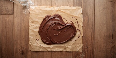 Top view of creamy chocolate spread on parchment paper on a kitchen table, emphasizing dessert preparation and sugar content