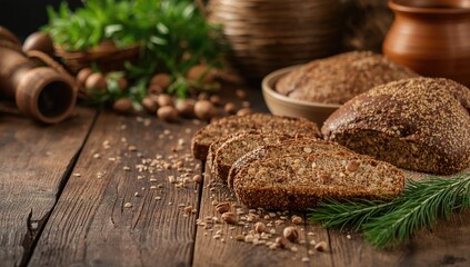Homemade healthy bread with whole rye and wheat flour, topped with hazelnuts and seeds, used as a nutritious food source, Earth Day