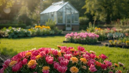 Summer flowers blooming in an allotment with greenhouse in the background, emphasizing seasonal growth and gardening practices