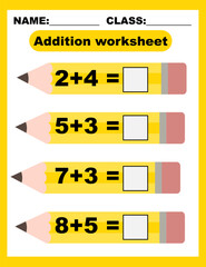 Math worksheet for kids.Preschool or kindergarten addition worksheet.Mathematic activity page for teacher and school.Educational a mathematical game.Cute pencil.Cartoon vector illustration.