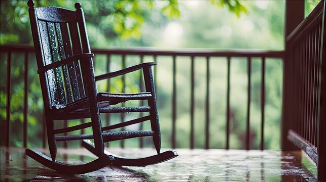 An empty dark wooden rocking chair sits on a wet wooden porch, glistening with raindrops. The background shows blurred green trees and foliage, suggesting an ou