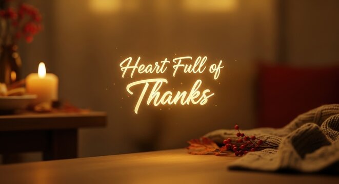 Heart full of thanks text over warm autumn decor with candle. Thanksgiving holiday greeting and appreciation concept.
