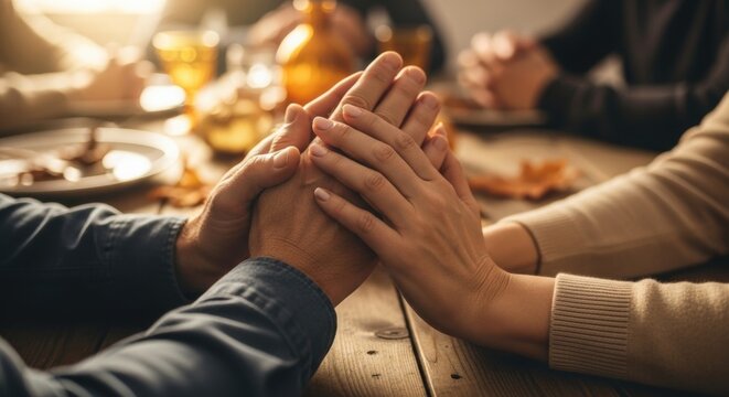 Man and woman holding hands in prayer during Thanksgiving dinner. Family gathering for holiday meal, showing gratitude, trust. - Powered by Adobe