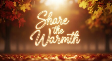 Glow effect text Share the Warmth in autumn scene. Thanksgiving concept image for holiday greeting. Seasonal background.
