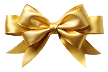 Ribbon bow, luxurious golden satin with stitched edges, cutout, PNG isolated on white or transparent background