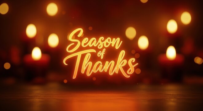 Glowing Season of Thanks text with bokeh candle background. Warm autumn holiday concept for Thanksgiving celebration and greeting card.