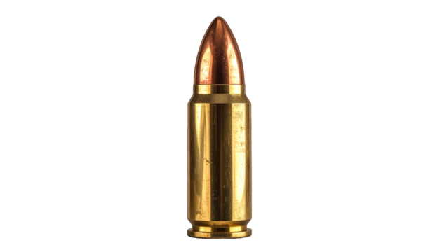 Single, detailed close-up of a brass-colored bullet with a copper-colored tip