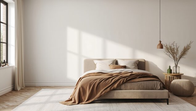 Modern bedroom wall background, ideal for text placement or layout design, urban interior decor