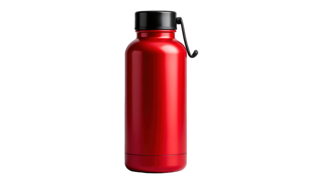 A tall, vibrant red metal water bottle with a black cap and handle against black