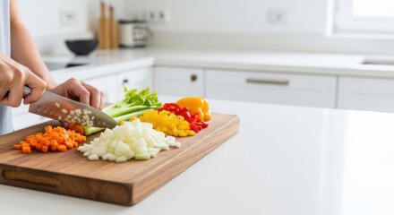 Woman chopping fresh vegetables on a cutting board in a white kitchen for Thanksgiving holiday dinner preparation. Cooking concept.