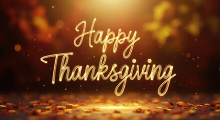 Happy Thanksgiving text in golden glow with falling autumn leaves. Festive holiday greeting card design for gratitude season. Background celebration.