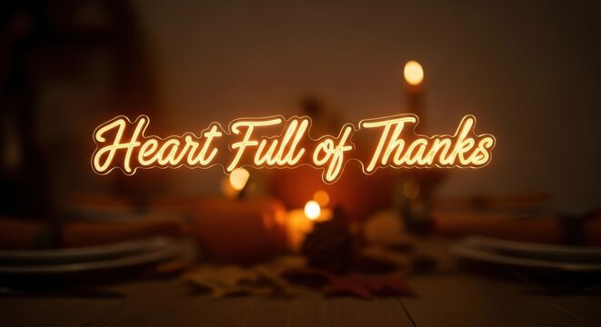Heart full of thanks neon sign over blurred Thanksgiving dinner table. Holiday gratitude concept. Warm autumn celebration.