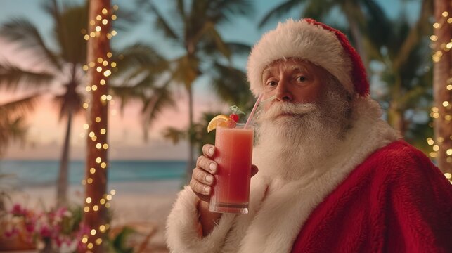 christmas vacation on the beach concept. Santa Claus enjoying a tropical drink by the beach.