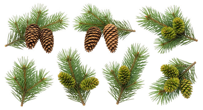 Assortment of evergreen branches with mature brown and green cones - Powered by Adobe