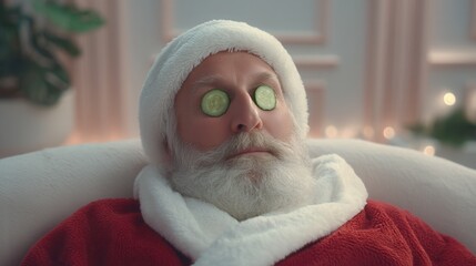christmas vacation on the beach concept. Relaxed Santa with cucumber slices on his eyes.