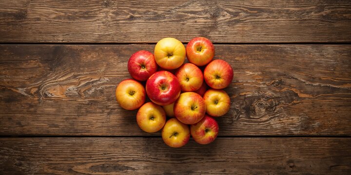 Top view of a rustic wooden table with colorful fruits like apples, emphasizing natural food presentation and healthy eating, Earth Day