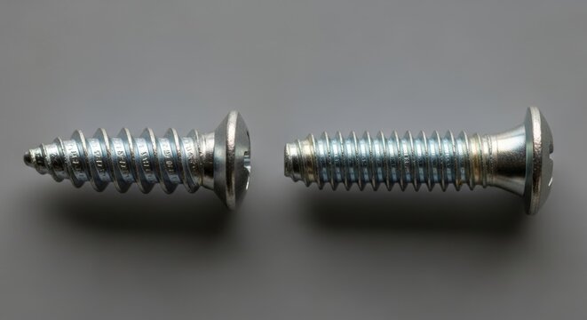 Close-up of silver metal screws featuring detailed spiral threads and flat heads. Industrial hardware fasteners isolated on a clean grey background with sharp textures.