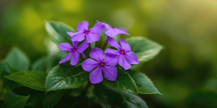 Vinca difformis or Vinca major, violet blossom with glossy green leaves, used as ground cover in garden landscaping