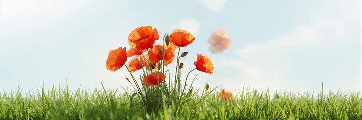 Fototapeta premium Bright orange and red poppies isolated against a blue background, ideal for floral pattern backgrounds or editorial layouts