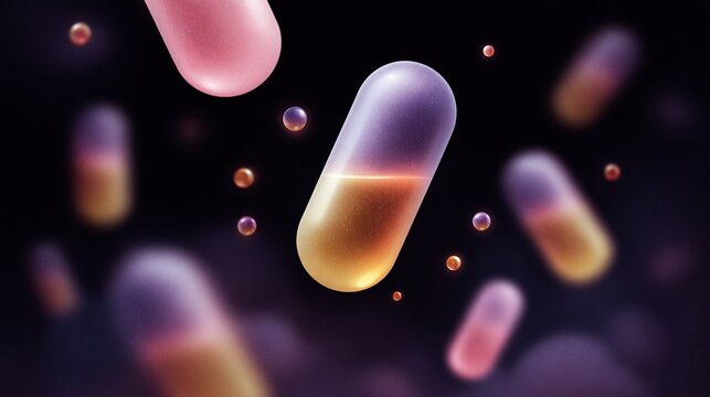 Vibrant transparent capsules and glowing spheres floating in an abstract dark background with light gradients - Powered by Adobe