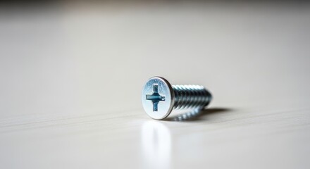 Close-up of a small, shiny metal Phillips head screw resting vertically on a pale, light-colored wooden or laminate surface. Shallow depth of field, minimalist composition.
