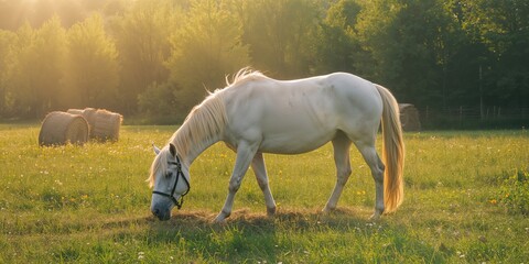 White horse grazing on hay in a rural field near Belogorsk, highlighting pastoral landscape, seasonal change