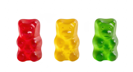 Red yellow green gummy bears lined up, sweet chewy candy treat
