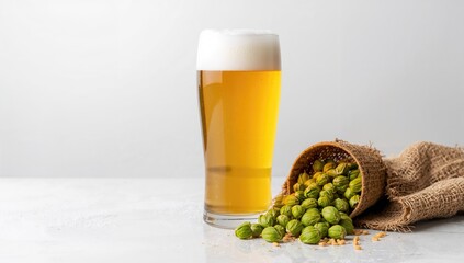 Glass of fresh beer and cup full of barley and hops, emphasizing brewing ingredients for quality control