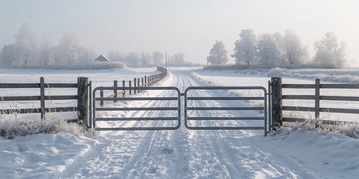 Steel gates installed in winter setting with a farm fence for property security, emphasizing durability