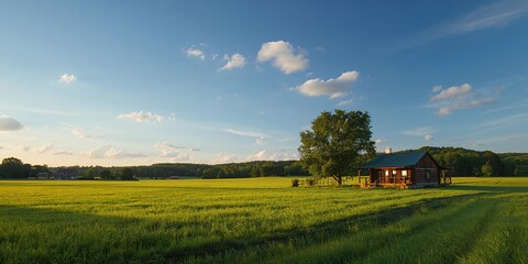 A quaint wooden cabin in a lush field under a clear sky with fluffy clouds, ideal for outdoor relaxation, Earth Day
