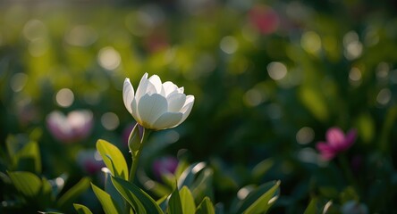 White blooming flower in morning light, suitable for background textures and layout design