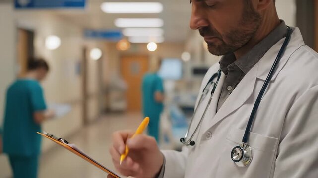 4K shot of doctor in hospital hallway writing on clipboard, medical professional examining patient chart
