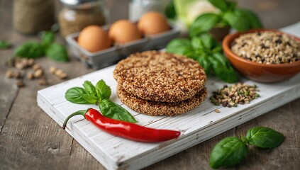 Quinoa Burger components featuring quinoa, mangold, dry grain mix, chili pepper, eggs, and green peas on a white rustic board, protein-rich meal