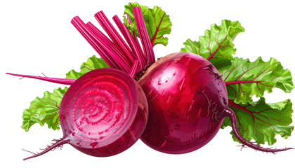 Two vibrant red root vegetables, one halved, with green leafy tops, isolated on black