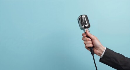 Journalist holding a microphone against a light blue background, emphasizing interview setup, World Press Freedom Day