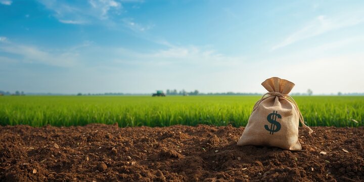Agricultural land with a money bag symbolizing grants for farmer financing and business profit, Earth Day