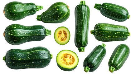 Assortment of fresh, green, and oblong vegetables; some sliced open