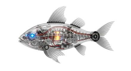 A transparent robotic fish with visible internal gears and glowing blue eyes, swimming against a clean white background.