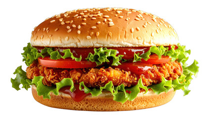 A delicious-looking burger with sesame seed bun, fried patty, and fresh vegetables