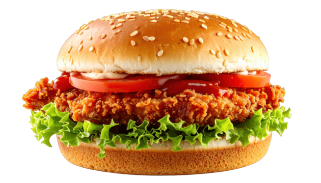 A delicious, close-up photo of a fully loaded crispy chicken sandwich on a bun