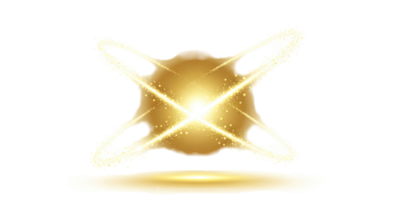 Bright golden glowing orb with radiating light rays and elliptical rings on white background.