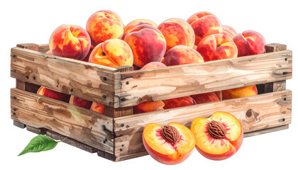 Watercolor illustration of a wooden crate overflowing with ripe, juicy peaches, and one sliced