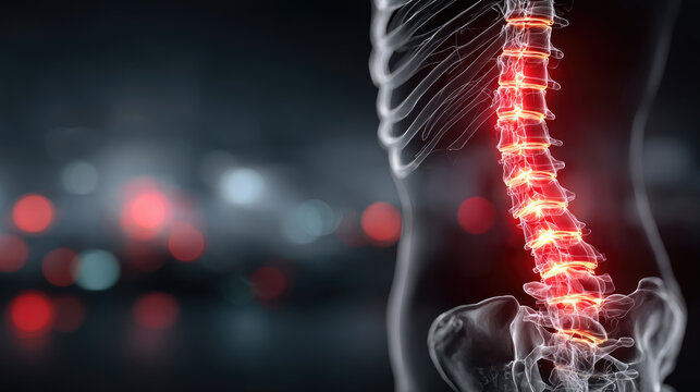 Human lumbar spine with glowing orange inflammation around vertebrae and discs, illustrating chronic lower back pain, degenerative disc disease, herniation, and potential bone loss