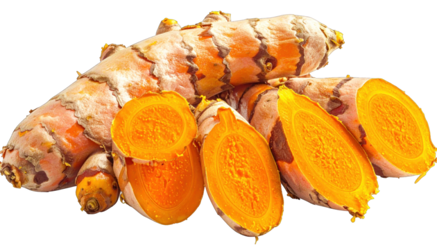 Several turmeric rhizomes, some sliced to reveal bright orange interior, laid out