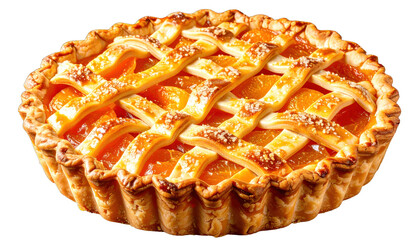 Close-up of a golden lattice-topped fruit tart, filled with bright orange fruit