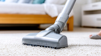 hostess vacuuming carpet in living room with modern vacuum cleaner, home cleaning and housekeeping concept, copy space, domestic chores and hygiene, stock photo style
