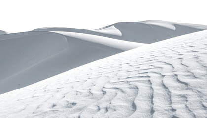 Monochrome landscape of undulating white sand dunes against a stark black sky