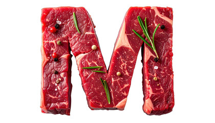 A large letter "M" composed of raw steak, herbs, and peppercorns